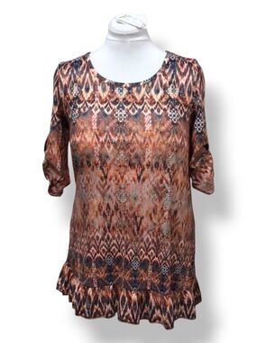 Song n Spirit Women’s Long Roll-tab Sleeve Round Neck Tunic, Orange, size S